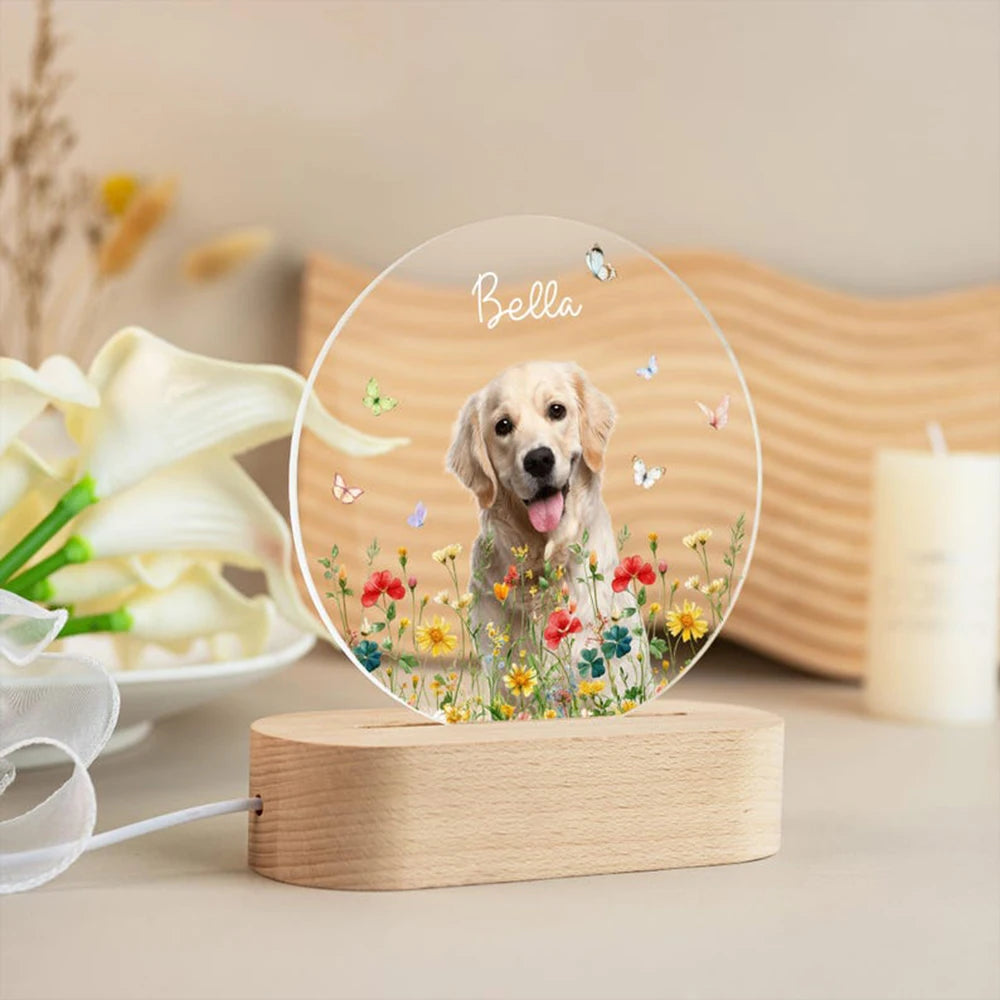 Pet Memorial Night Light Personalized Custom Pet Photo Engraved Name Date Soft Warm Glow USB Powered Wood Base Keepsake Gift