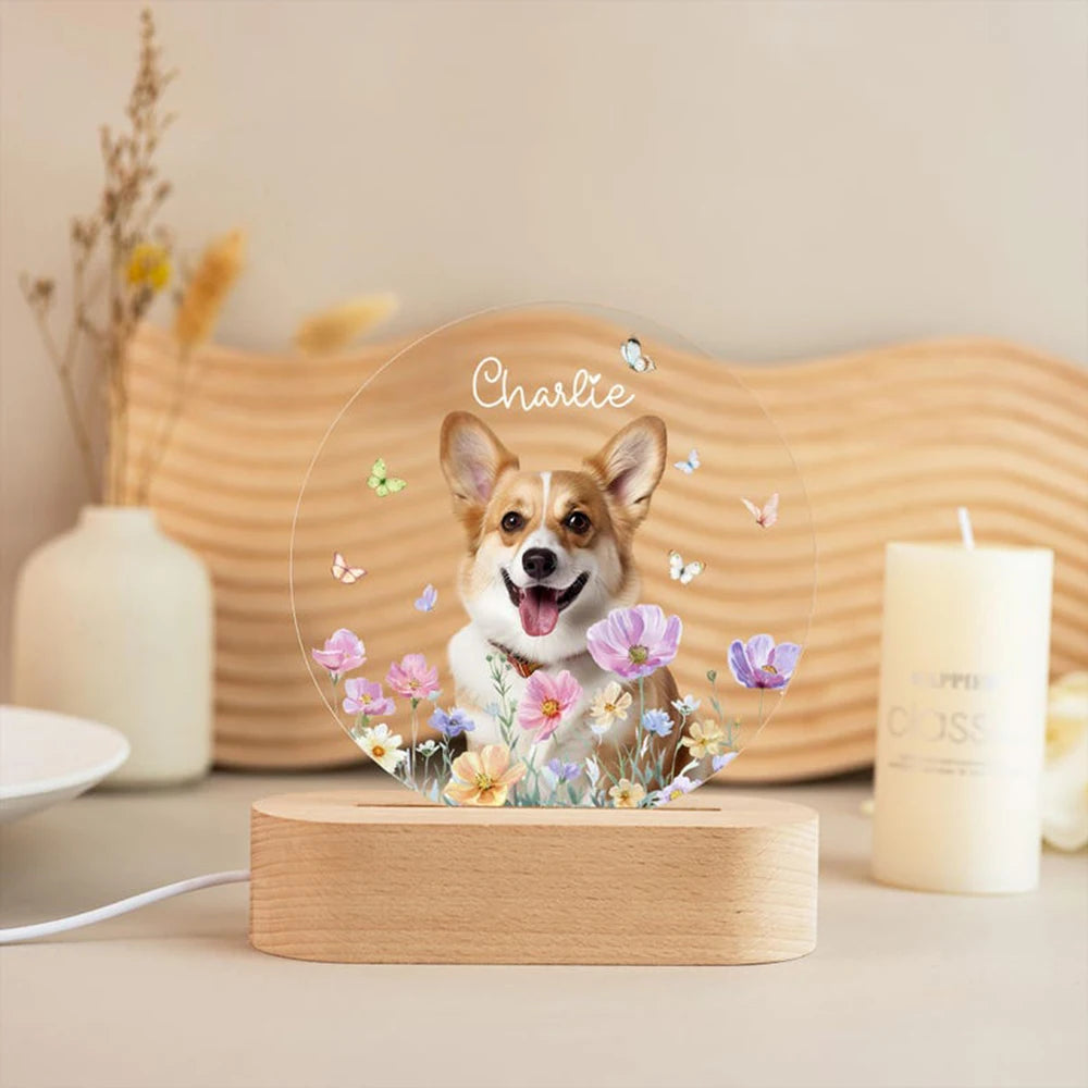 Pet Memorial Night Light Personalized Custom Pet Photo Engraved Name Date Soft Warm Glow USB Powered Wood Base Keepsake Gift