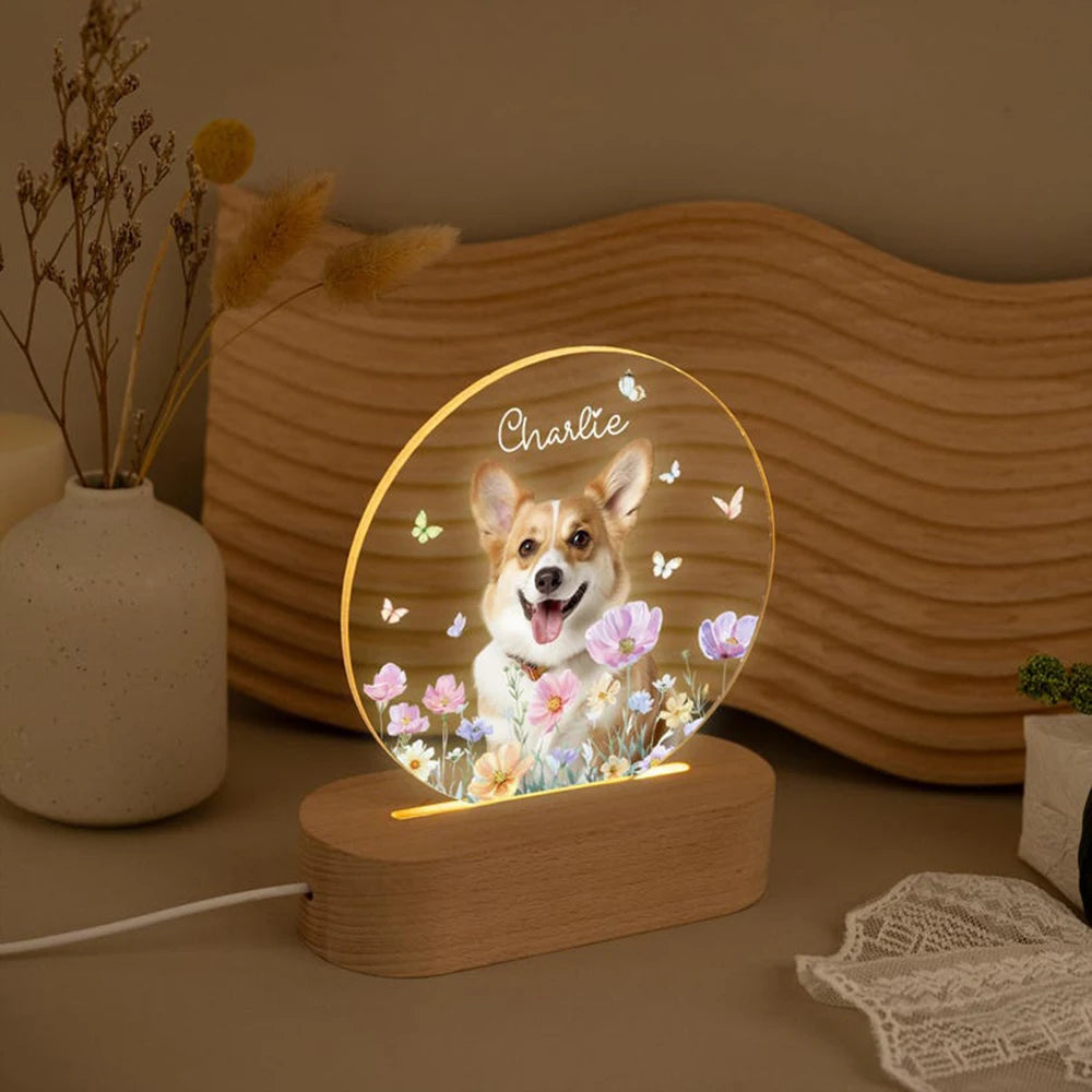 Pet Memorial Night Light Personalized Custom Pet Photo Engraved Name Date Soft Warm Glow USB Powered Wood Base Keepsake Gift