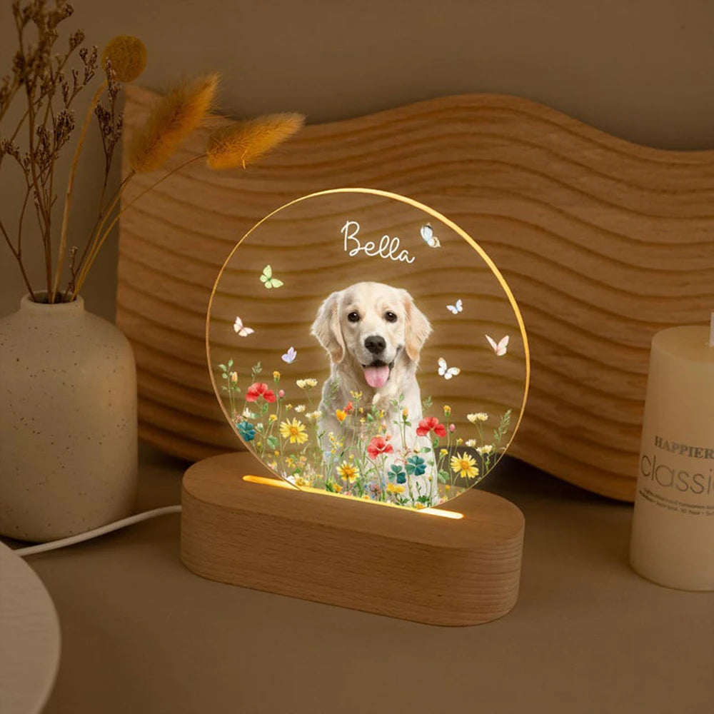 Pet Memorial Night Light Personalized Custom Pet Photo Engraved Name Date Soft Warm Glow USB Powered Wood Base Keepsake Gift