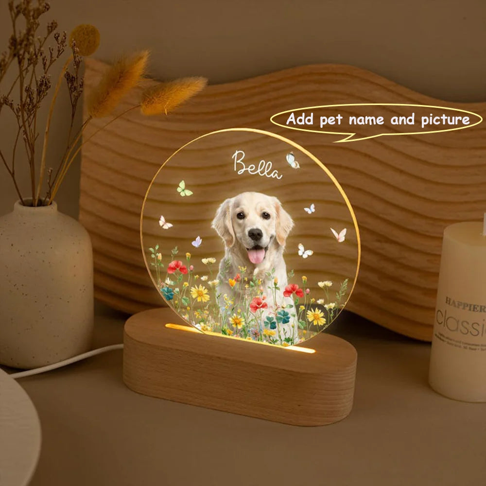 Pet Memorial Night Light Personalized Custom Pet Photo Engraved Name Date Soft Warm Glow USB Powered Wood Base Keepsake Gift