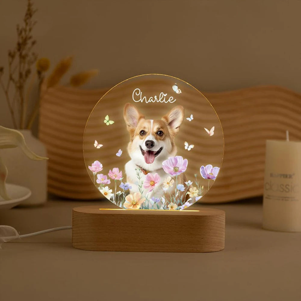 Pet Memorial Night Light Personalized Custom Pet Photo Engraved Name Date Soft Warm Glow USB Powered Wood Base Keepsake Gift